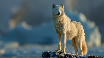 Obraz premium A majestic white wolf standing on a rock against a snowless backdrop, exuding power and tranquility in its natural habitat