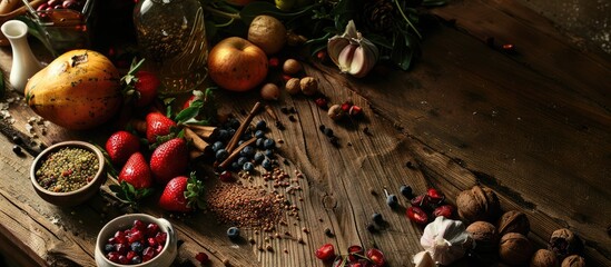 Close-up photograph of food ingredients on the oak table