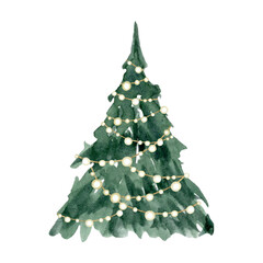 Christmas tree with shining garland lights watercolor sketch illustration isolated on white background in simple style for Happy New Year greeting cards and designs
