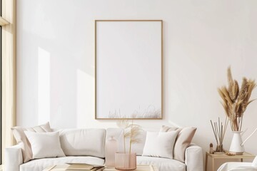Scandinavian style living room with poster mockup created with generative ai