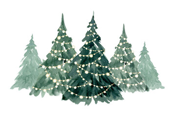Christmas trees decorated with lights garlands in a row watercolor illustration isolated on white. Winter spruce fir forest for holiday season horizontal banner and landscape