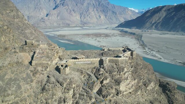 Drone shot of Kharpocho fort in Skardu City, Pakistan during daytime.