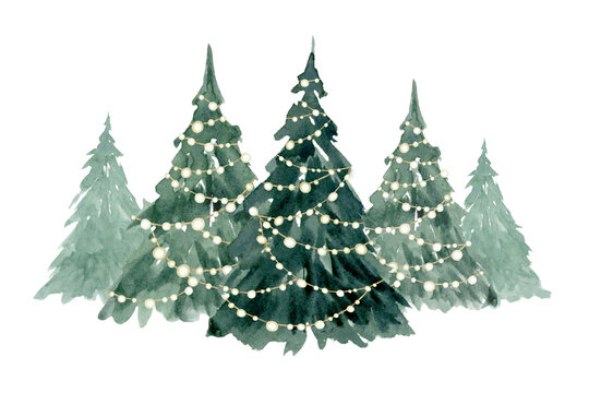 Christmas trees decorated with lights garlands in a row watercolor illustration isolated on white. Winter spruce fir forest for holiday season horizontal banner and landscape