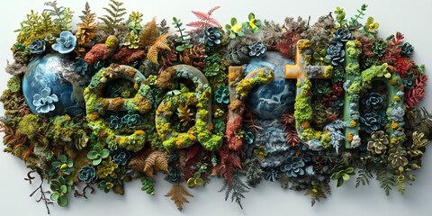 The word earth written in lush organic plant lettering with diverse flora, ecology sustainability letters concept
