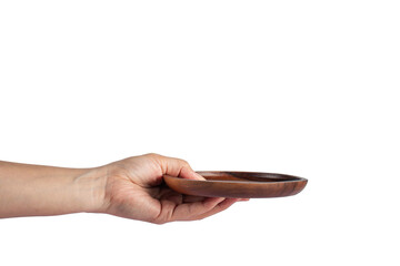 Wooden plate in hand on transparent background.