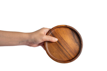Wooden plate in hand on transparent background.