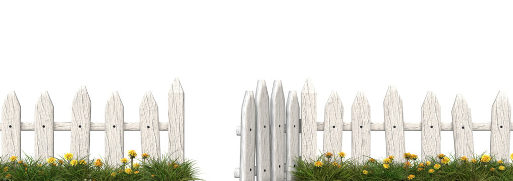 Old wooden fence with open gate isolated. 3D image
