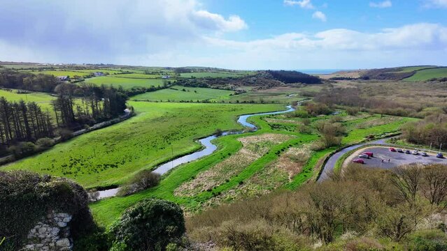 View from the top of Dunhill Castle looking towards the sea and Annestown Anne Valley Waterfront Ireland in spring time
