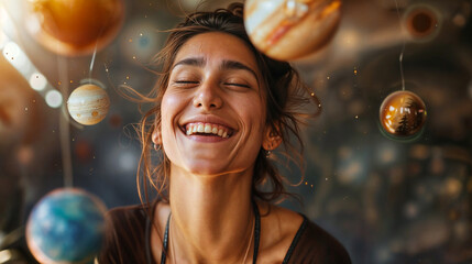 Planets orbit around the young woman in the room, resembling a miniature solar system. It's a fascinating display of cosmic wonder, with the universe seemingly revolving around her head.