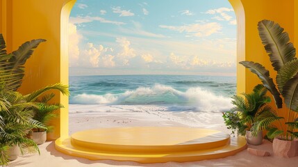 Envision a beach banner stand, where the backdrop of sand and sea invites viewers to dream of their next holiday. The podium stands ready for summer-themed adverts.