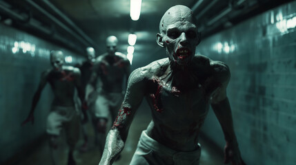 A group of zombies are running through a tunnel