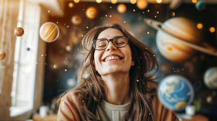 Planets orbit around the young woman in the room, resembling a miniature solar system. It's a fascinating display of cosmic wonder, with the universe seemingly revolving around her head.