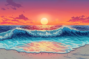Pop art inspired sunset beach scene, cartoonish waves and sun, right copy space, dusk lighting, panoramic shot - obrazy, fototapety, plakaty