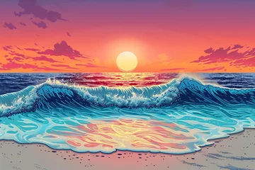 Fototapeten Pop art inspired sunset beach scene, cartoonish waves and sun, right copy space, dusk lighting, panoramic shot © sunchai