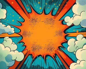 Fototapeta premium Classic comic book explosion, pop art style, vibrant onomatopoeia, central copy space, spot lighting, macro lens