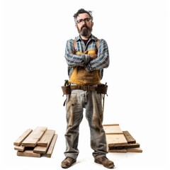 A man in a plaid shirt and jeans stands in front of a pile of wood