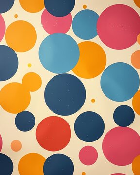 1960s pop art pattern, large polka dots, vibrant hues, ample copy space at center, diffuse lighting, closeup view