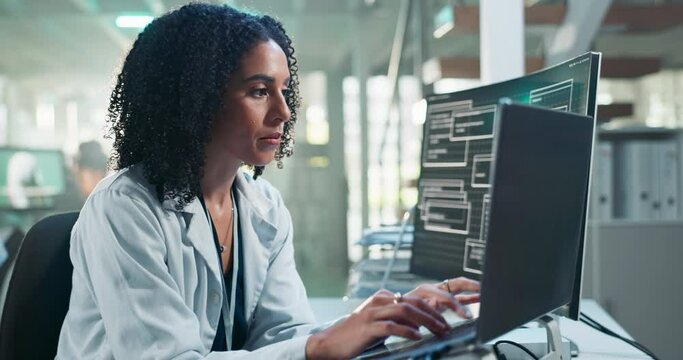 Science, research and woman at computer typing, brainstorming or checking online results in data. Medical laboratory, healthcare and scientist with website search for problem solving idea on database