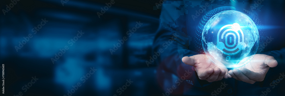 Poster businessman hold global digital forensics globe with network connected to cybersecurity analytics an