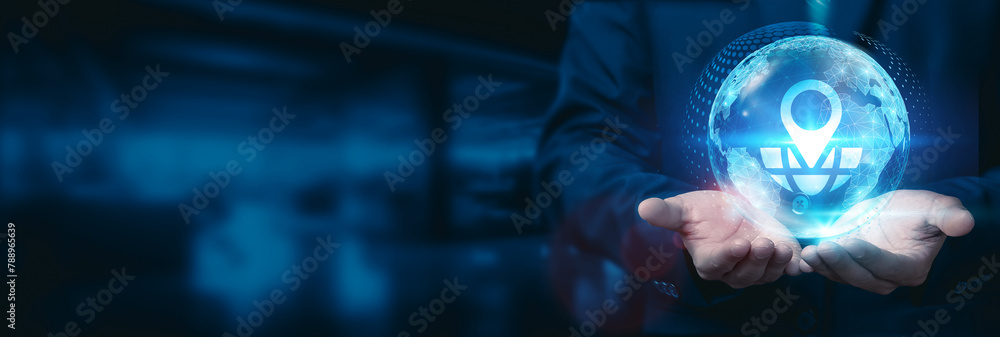 Poster businessman hold global geographic information systems globe with network connected to geographic da