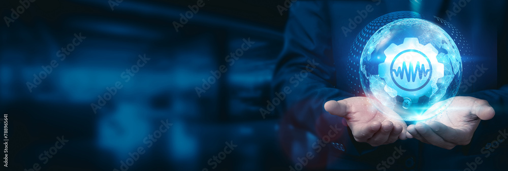 Poster businessman hold global headphones, processing globe with network connected to sound systems and adv