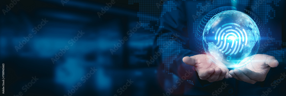 Poster businessman hold global identity sphere globe with network connected to shape transformation and str