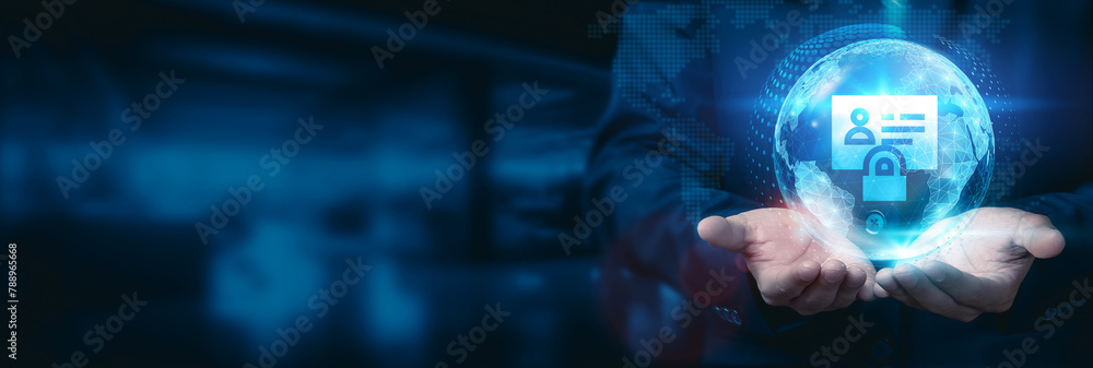 Poster businessman hold global information security globe with network connected to secure data centers and