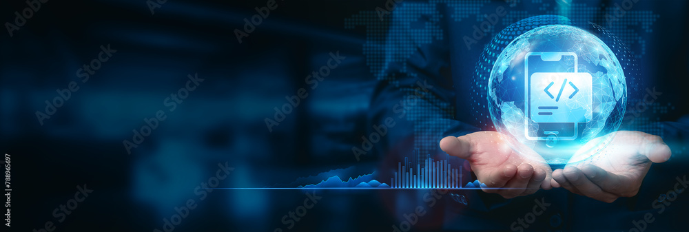 Poster businessman hold global mobile app development globe with network connected to innovate strategies a