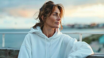 A woman in a white hoodie is sitting on a bench overlooking the ocean - Powered by Adobe