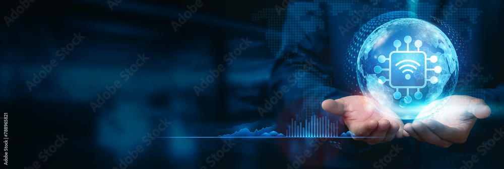 Poster businessman holds a global internet of things (iot) connected globe with networks linking devices an
