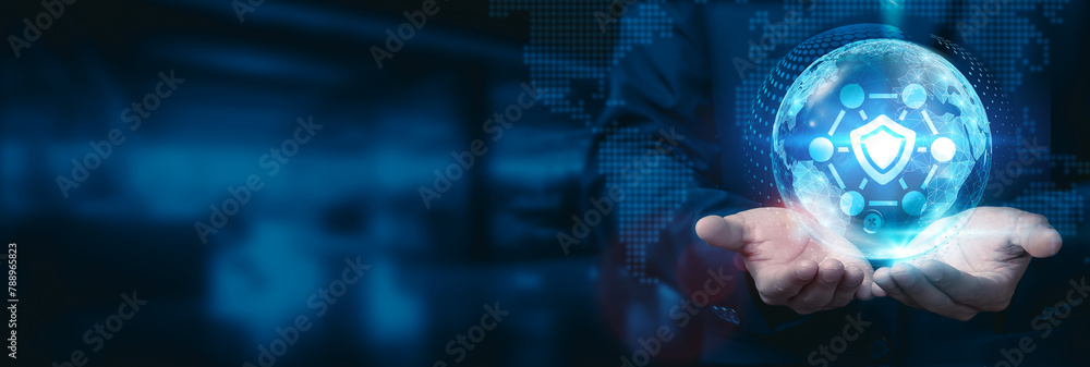 Poster businessman holds a global network security globe with network connected to cybersecurity systems an
