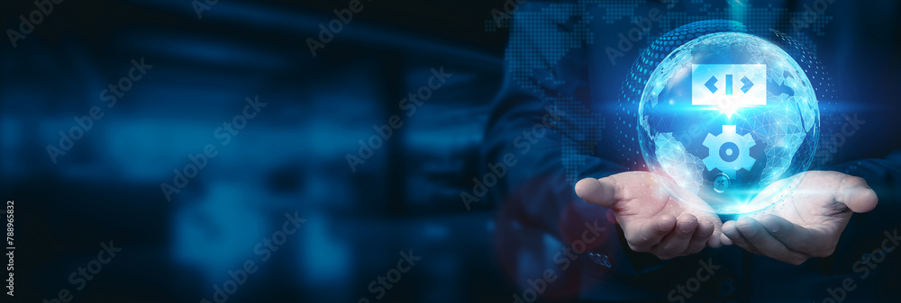 Aufkleber businessman holds a global networked globe with connections to various regions and utilizes advanced