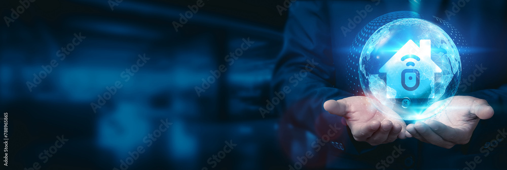 Poster businessman holds a global smart home technology globe with networks connected to various devices an