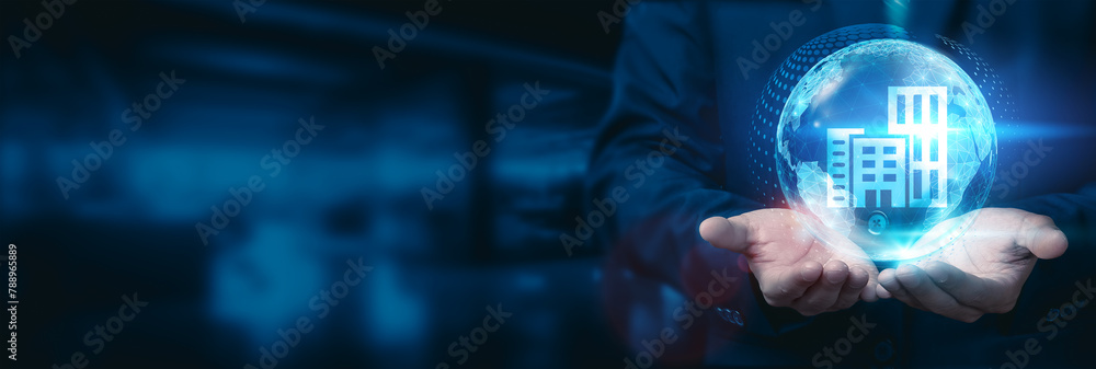 Poster businessman holds a global vision, embracing the interconnected globe with networks linked to smart 