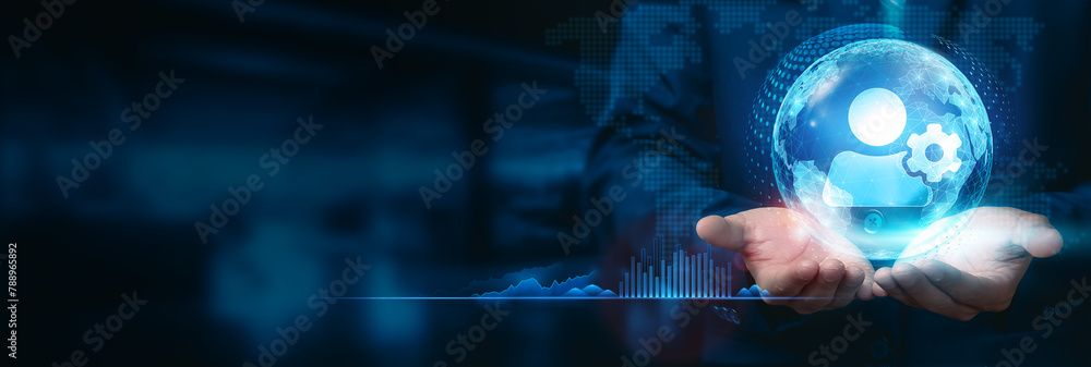 Poster businessman holds global administration sphere with a network connected to diverse sectors, utilizin