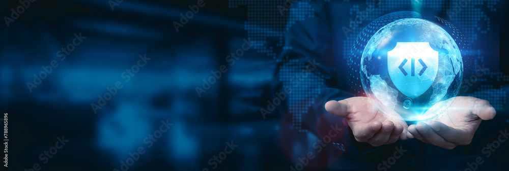 Poster businessman holds a global vision, safeguarding the digital globe with networks connected to secure 
