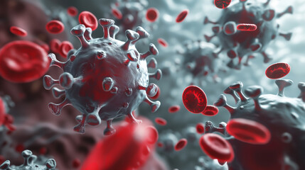 A close up of a virus with red blood cells surrounding it