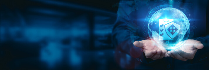 Businessman holds a global penetration testing globe with a network connected to cybersecurity and digital infrastructure. Business development technology to fortify and innovate security ideas.