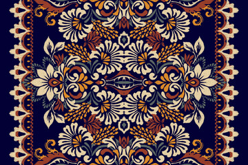 Scarf pattern,Ikat floral embroidery on dark purple background vector illustration,craft art.