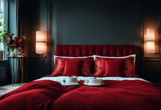 Schlafzimmer - rotes Wohndesign bed bedchamber sleep interior design art room furniture architecture architect house red rest furnish facility decoration commode stylist wooden wall