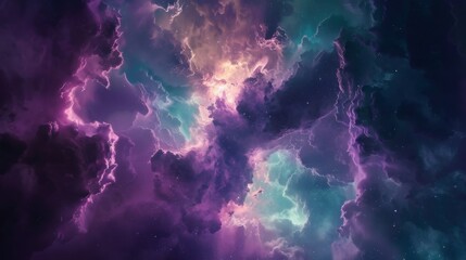 A colorful space scene with purple clouds and a bright yellow star