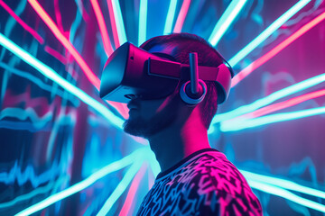 Man wearing virtual reality headset with neon glow from lines, triangles and particle style design