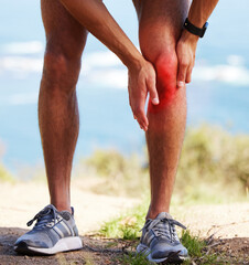 Injury, knee and pain of runner outdoor with hands after exercise, workout or fitness in summer....