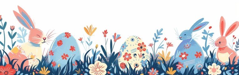 A colorful field of flowers with four rabbits sitting in the grass