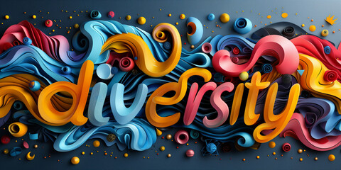The word diversity written in dynamic vibrant lettering, celebrating diverse beauty in ornate fluid type letters