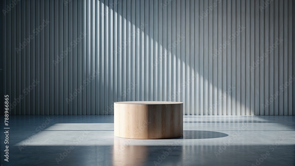 Sticker Minimalistic concrete room interior with wooden podium and sunlight.