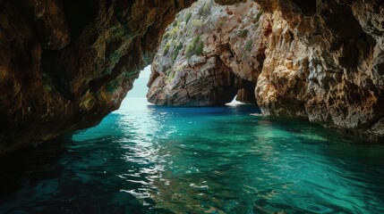 Fototapeta na wymiar Serene Hidden Sea Cave With Crystal Clear Water on a Sunny Day
