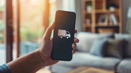 Hand holding a smartphone with a delivery truck icon on the screen, symbolizing fast and efficient online order delivery.  - Powered by Adobe