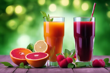 background fresh juices green fruit wooden table