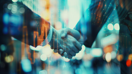 A double exposure of handshake between two people in a blurry image and the stock market chart